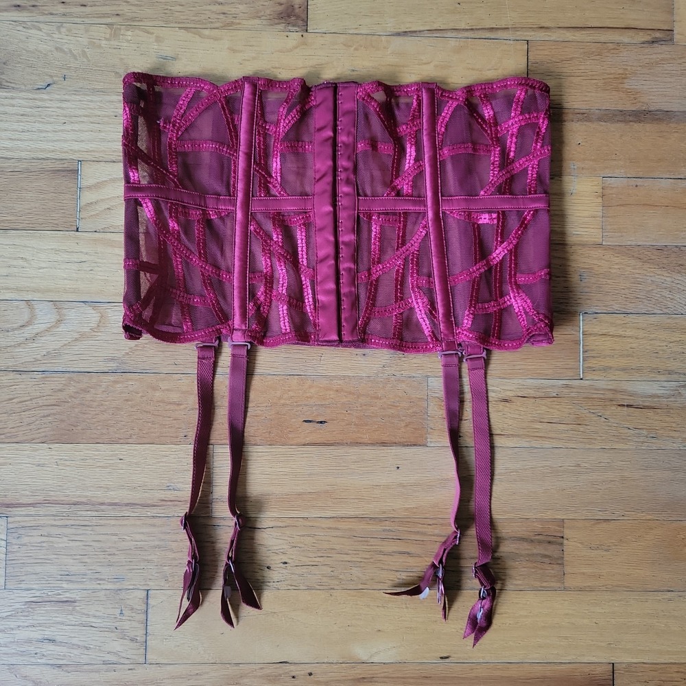 Implicite Embroidered Mesh Garter Belt 6 Burgundy Coquette Feminine Whimsigoth